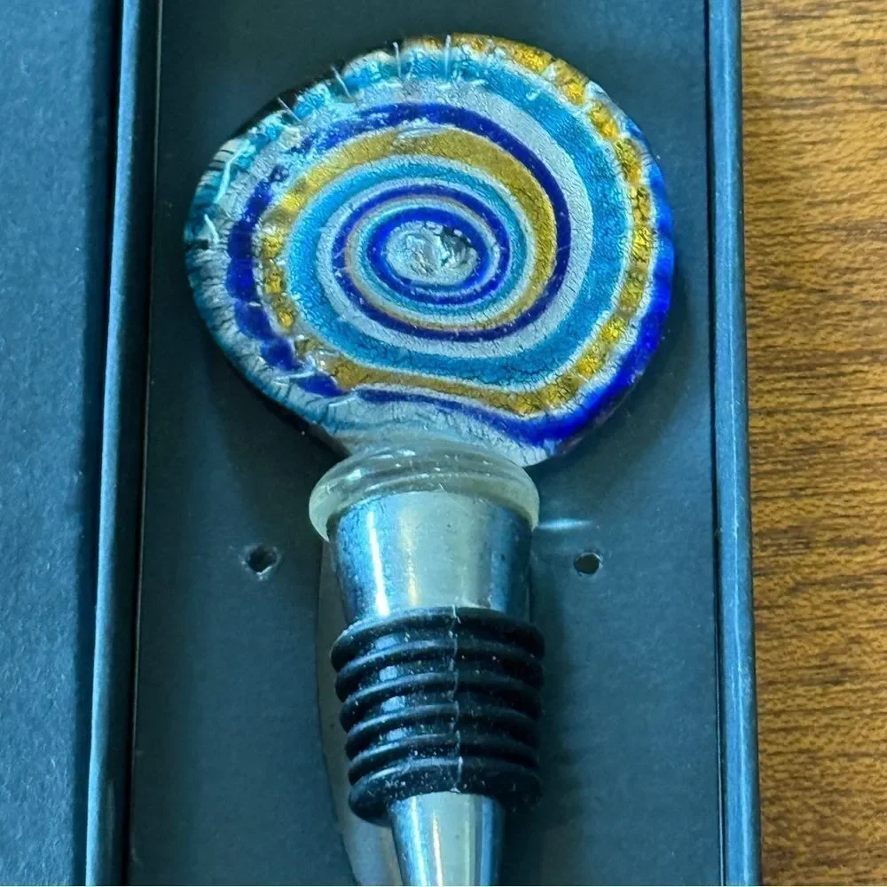 NIB Dennis East Wine Bottle Stopper Glass Colbalt Blue Gold and Turquoise